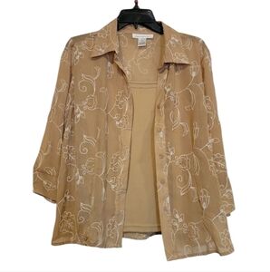 Moonlight Bay 2 piece cami and sheer, tan button up embroidered flowers Sz M